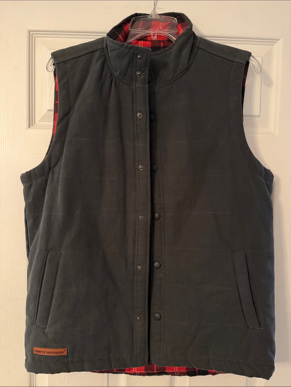 Simply Southern Charcoal Quilted Vest with Red Plaid Lining